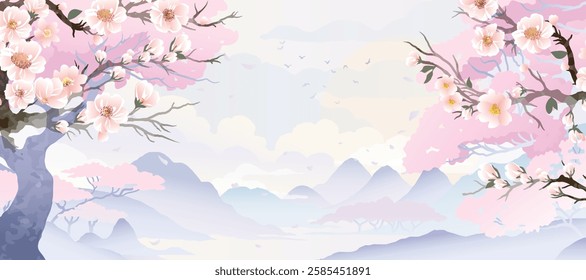 Spring Japanese Cherry blossom flower background vector. Wallpaper design of elegant sakura floral, branch, mountain, sun, bird. Illustration for banner, wall decoration, backdrop, ads.