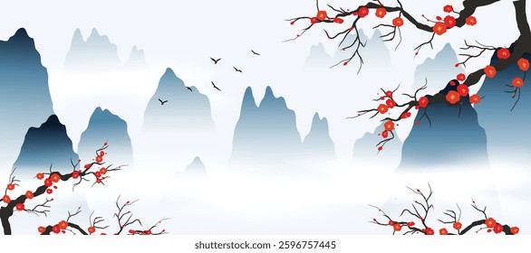 Spring Japanese Cherry blossom flower background vector. Wallpaper design of elegant watercolor sakura flower, branch, mountain, bird. Illustration for banner, wall decoration, backdrop, ads.
