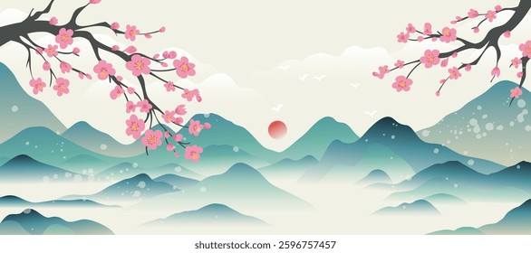 Spring Japanese Cherry blossom flower background vector. Wallpaper design of elegant sakura flower, branch, mountain, bird, sun, cloud. Illustration for banner, wall decoration, backdrop, ads.