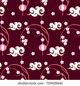 Spring Japanese and Chinese seamless pattern with cherry blossom branch an lanterns. 