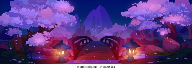 Spring Japanese city park landscape with blooming sakura trees and stone bridge over river or lake at night by light of street lanterns. Cartoon dark dusk vector garden with pink cherry flower woods.