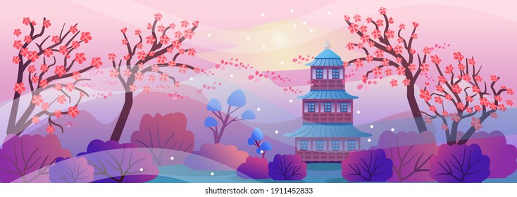 Spring Japanese landscape in cartoon style. Beautiful landscape with cherry blossoms, mountains, pagoda. Vector illustration in a flat style for design, horizontal composition. Asian Temple, Mountains