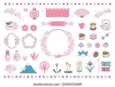 Spring Japanese style illustration set. Vector illustration. Translation: cherry blossom festival, spring festival, spring, cherry blossoms, cherry blossom viewing,