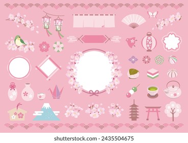 Spring Japanese style illustration set. Vector illustration