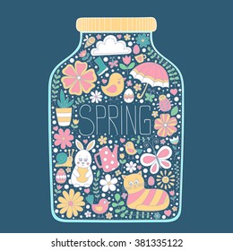 Spring jar. Vector bank with color doodle spring elements - bunny, cat, flower, bird, sun, cloud, umbrella, butterfly, rubber boots, easter egg, snail, ladybug. Spring card. Yellow, pink, blue colors.
