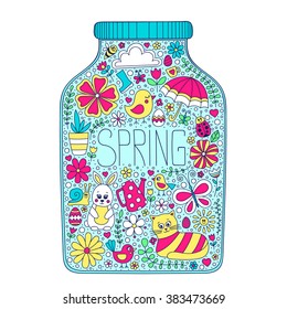 Spring jar. Vector bank with color doodle spring elements - bunny, cat, flower, bird, chicken, sun, cloud, umbrella, butterfly, easter egg, snail, ladybug. Season card. Yellow, pink, blue colors.