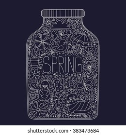 Spring jar. Vector bank with doodle spring elements - bunny, cat, flower, bird, chicken, sun, cloud, umbrella, butterfly, rubber boots, easter egg, watering can, snail, ladybug. Outline. Spring card.