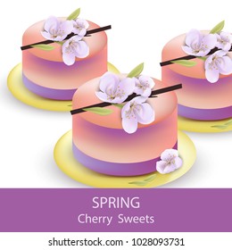 Spring jelly desserts Vector. cherry flowers decors