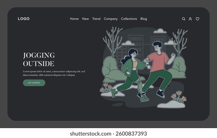 Spring joggers enjoying an outdoor run. The atmosphere is bright with blooming flowers and trees. A perfect representation of a healthy lifestyle and rejuvenation in early spring. Vector illustration.