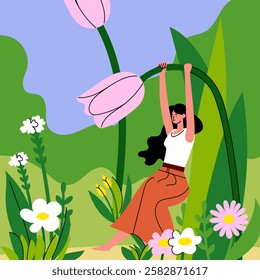 Spring Joy: Girl Swinging on Tulip in Blooming Garden. Flat illustration, ideal for spring-themed designs, posters, nature blogs, or creative web content.