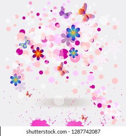 Spring joyful vector background. butterflies, flowers, soap bubbles