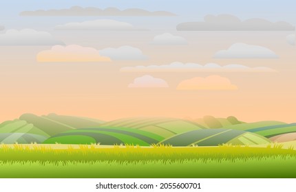 Spring juicy meadow. Rural landscape with grass and orchard farmer hills. Cute funny cartoon design. Flat style Morning. Vector