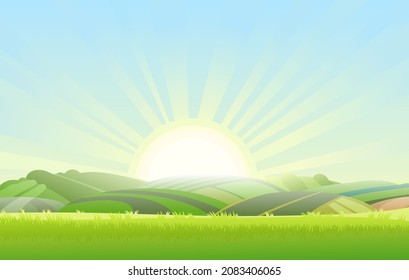 Spring juicy meadow. Rural landscape with grass and orchard farmer hills. Cute funny cartoon design. Flat style. Bright sunlight. Vector