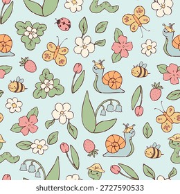 Patrón sin fisuras de garabatos de primavera kawaii para impresiones textiles de vivero, tarjetas, Anuncios, Fondos de pantalla, papel de regalo, papel digital, papelería, scrapbooking, etc. EPS 10