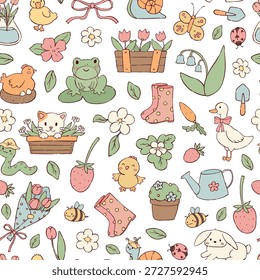 Frühling kawaii doodles nahtloses Muster für Kindergarten-Drucke, Tapeten, Scrapbooking, Schreibwaren, Verpackungspapier, Textil, Digitalpapier, Verpackungen, etc. EPS 10