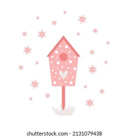 Spring kids print. Birdhouse, eggs, heart, flowers, polka dots. Vector simple illustration. Pastel colors, pink, gray, farm, Easter, spring day. For fabric, background, cover, paper
