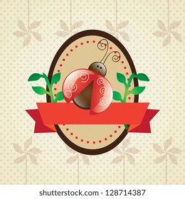 Spring label with ladybugs on the vintage floral background