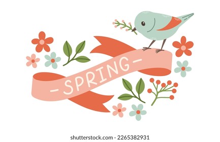 Spring label with season quotes, bird, ribbon. Hand drawn spring vector illustration.