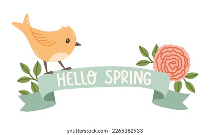 Spring label with season quotes, bird, ribbon. Hand drawn spring vector illustration.