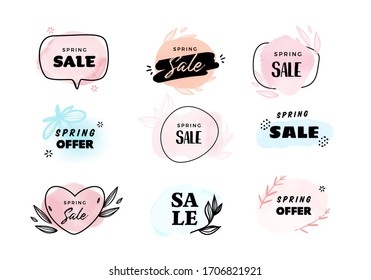 Spring Label set with watercolor vector background, special price poster, super sale badge illustration