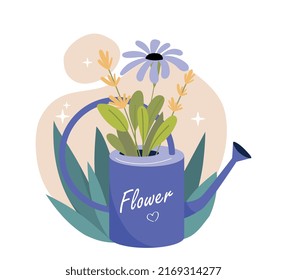 Spring labels concept. Flower grows in watering can, symbols of seasons. Botany and gardening, love for nature, flora and ecology. Beautiful purple plant in pot. Cartoon flat vector illustration