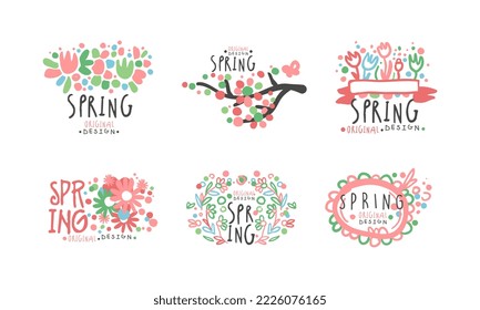Juego de etiquetas de primavera. Etiquetas coloridas brillantes con ramas de árbol florecientes ilustración vectorial