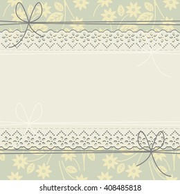 Spring lace frame with flowers, bows and leaves can be used for greeting cards, wedding invitations,  baby shower and more creative designs.