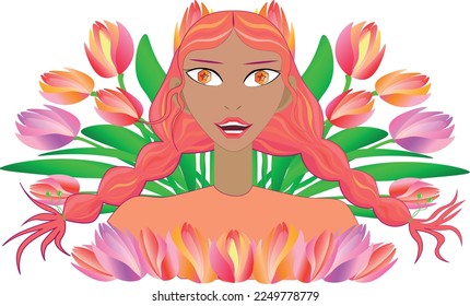 Spring Lady Tulips. Art portrait of beautiful smiling spring Lady of tulips. Nature of flowers.