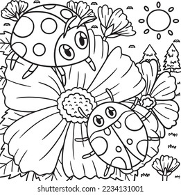 Spring Ladybugs On Flower Coloring Page for Kids