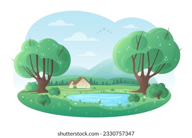 Spring lake landscape vector illustration. Cartoon cute nature scene with flowers on green trees and grass, blue sky and water of pond, scenic village road to countryside house and mountain on horizon