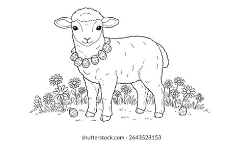 Spring Lamb Line Art in Field of Daisies with Decorative Easter Egg Necklace Cute Seasonal Animal Outline