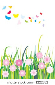 Spring landscape (3 layers: butterflies, flowers & grass)