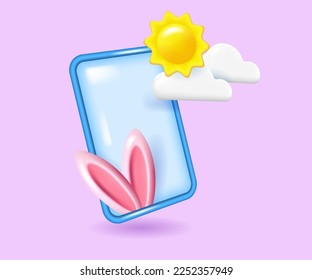 Frühjahrslandschaft mit 3D-Details auf dem Handybildschirm. Sonne, Wolken und versteckte rosa, sonnige Ohren. Vektorgrafik