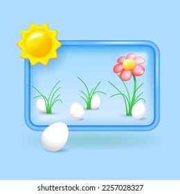 Entorno de primavera con detalles en 3d en la pantalla del teléfono móvil. Sol, nubes y huevos blancos ocultos en la hierba. Ilustración del vector
