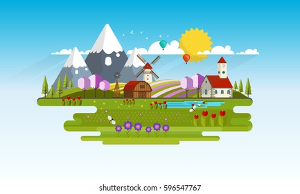 Spring Landscape Abstract Flat Vecor Illustration.