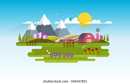 Spring Landscape Abstract Flat Vecor Illustration.