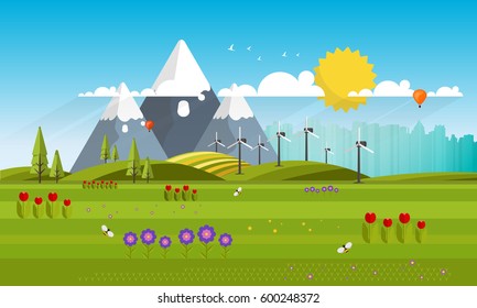 Spring Landscape Abstract Flat Vecor Illustration.