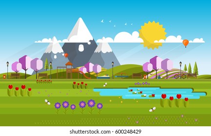 Spring Landscape Abstract Flat Vecor Illustration.