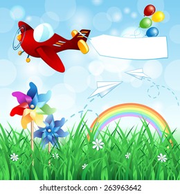 Spring landscape with airplane and banner, vector eps10