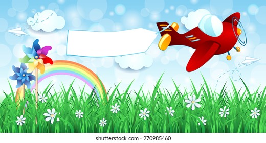 Spring landscape with airplane and banner, vector eps10