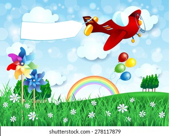 Spring landscape with airplane and banner, vector illustration eps10