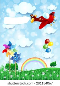 Spring landscape with airplane and banner, vertical version. Vector illustration 