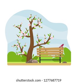 Spring landscape. Alley in the Park with a bench and a lantern. Flowering tree. Sunny day. Flat cartoon style.