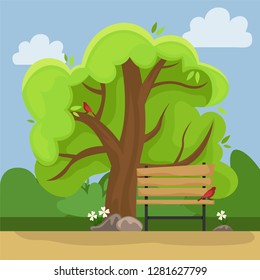 Spring landscape. Alley in the Park with a bench. Sunny day. Flat cartoon style.