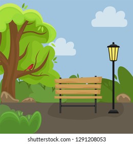 Spring landscape. Alley in the Park with a bench and a lantern. Sunny day. Flat cartoon style.
