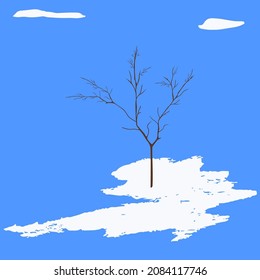 Spring landscape - April, tree without leaves, melted snow on a blue background - abstract illustration - brush strokes, grunge style - art, vector.