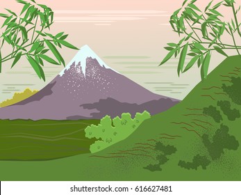 Spring landscape. Asia. Bamboo branches. The mountains. Vector background.