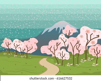 Spring landscape. Asia. Sakura in bloom. The mountains. Vector background.