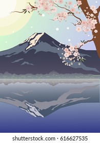 Spring landscape. Asia. Sakura flowering. Mountains with reflection in the water. Vector background.