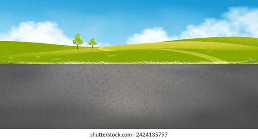 Spring Landscape with Asphalt road Green fields,Mountain,Blue Sky and Clouds Background,Horizon peaceful rural nature Sunny day Summer with grass land.Cartoon Vector illustration for Summer banner